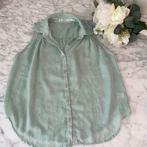 Sleeveless Sheer Mint Green Button-Up Blouse